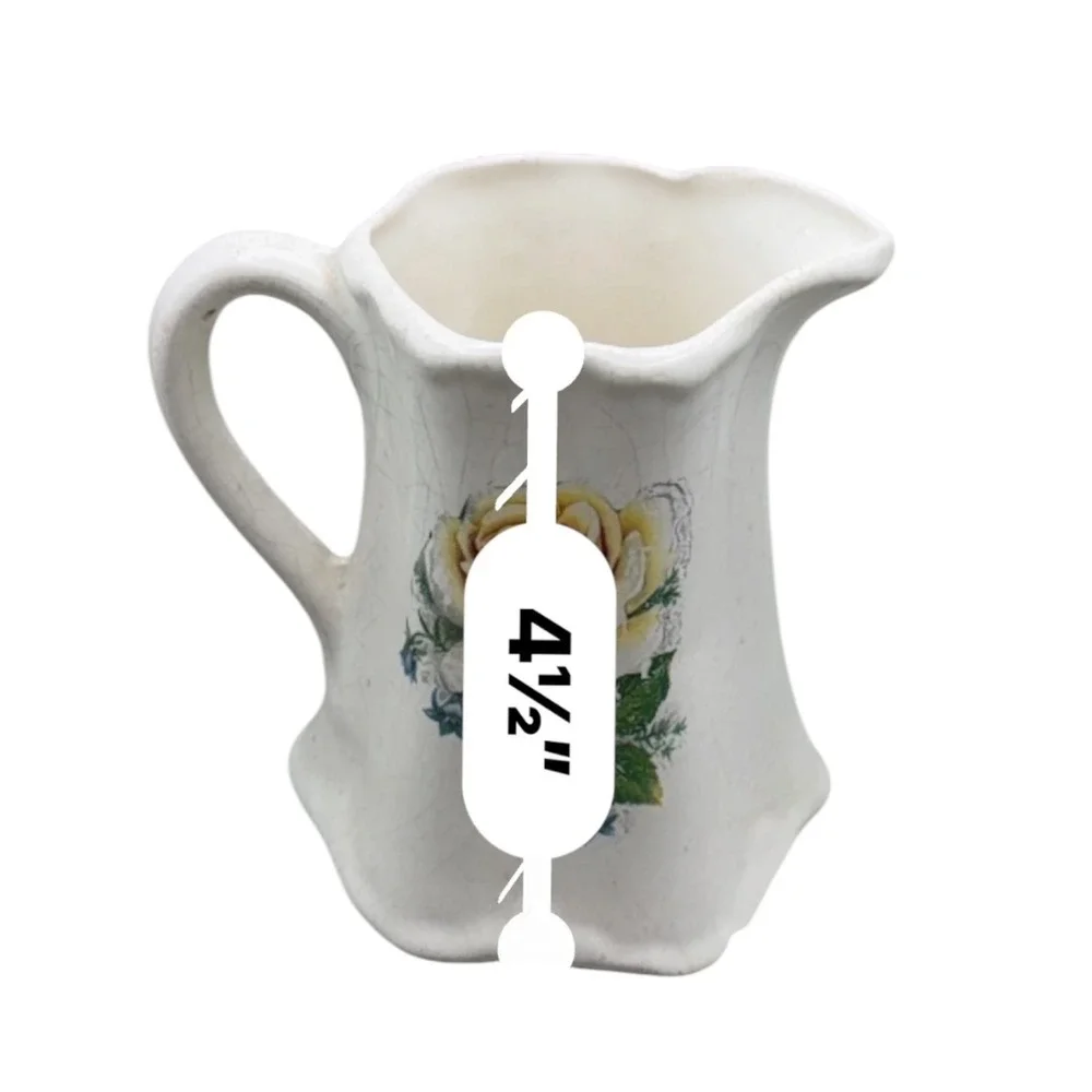 Vintage Small Ceramic Pitcher Yellow Rose Floral Scalloped Rim Creamer 4.5 Inch